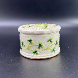 Lidded Ceramic Trinket Holder Box Storage Container White Green Floral